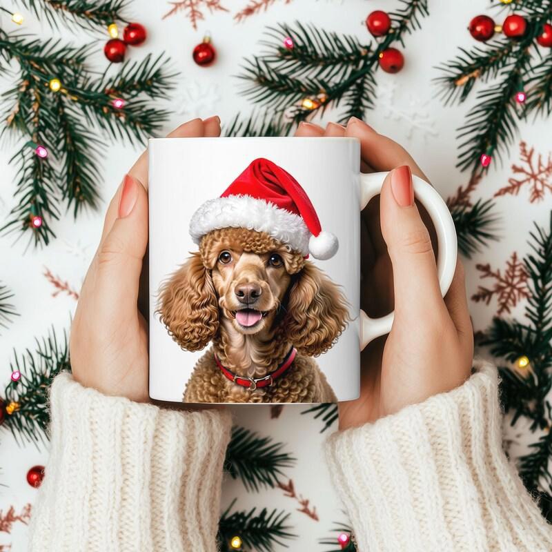 Tailorly White Ceramic 11 oz Mug - Adorable Curly Brown Fur Dog Wearing Festive Red Santa Hat Holiday Poodle