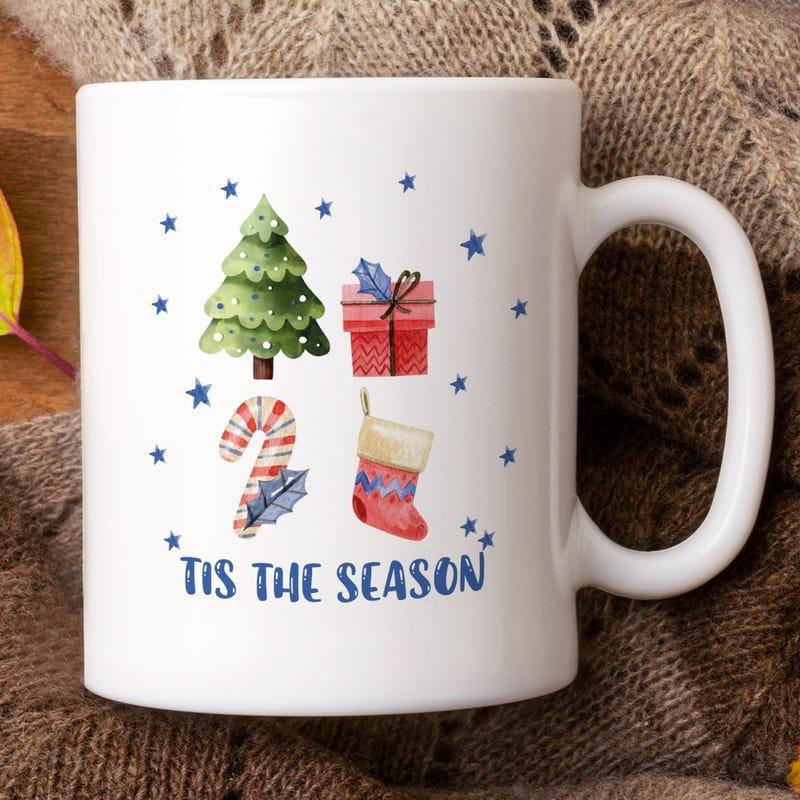 Tailorly White Ceramic 11 oz Mug - Tis The Season Festive Watercolor Christmas Tree Among Gifts And Candy Cane Mug