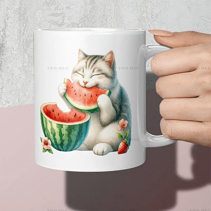 Tailorly White Ceramic 11 oz Mug - Adorable Smiling Grey Tabby Eating Juicy Red Watermelon Slice Cat