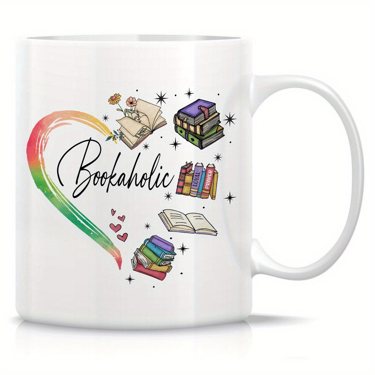 Tailorly White Ceramic 11 oz Mug - Bookaholic Rainbow Heart Stroke Surrounded By Stacks Of Colorful Reading Books