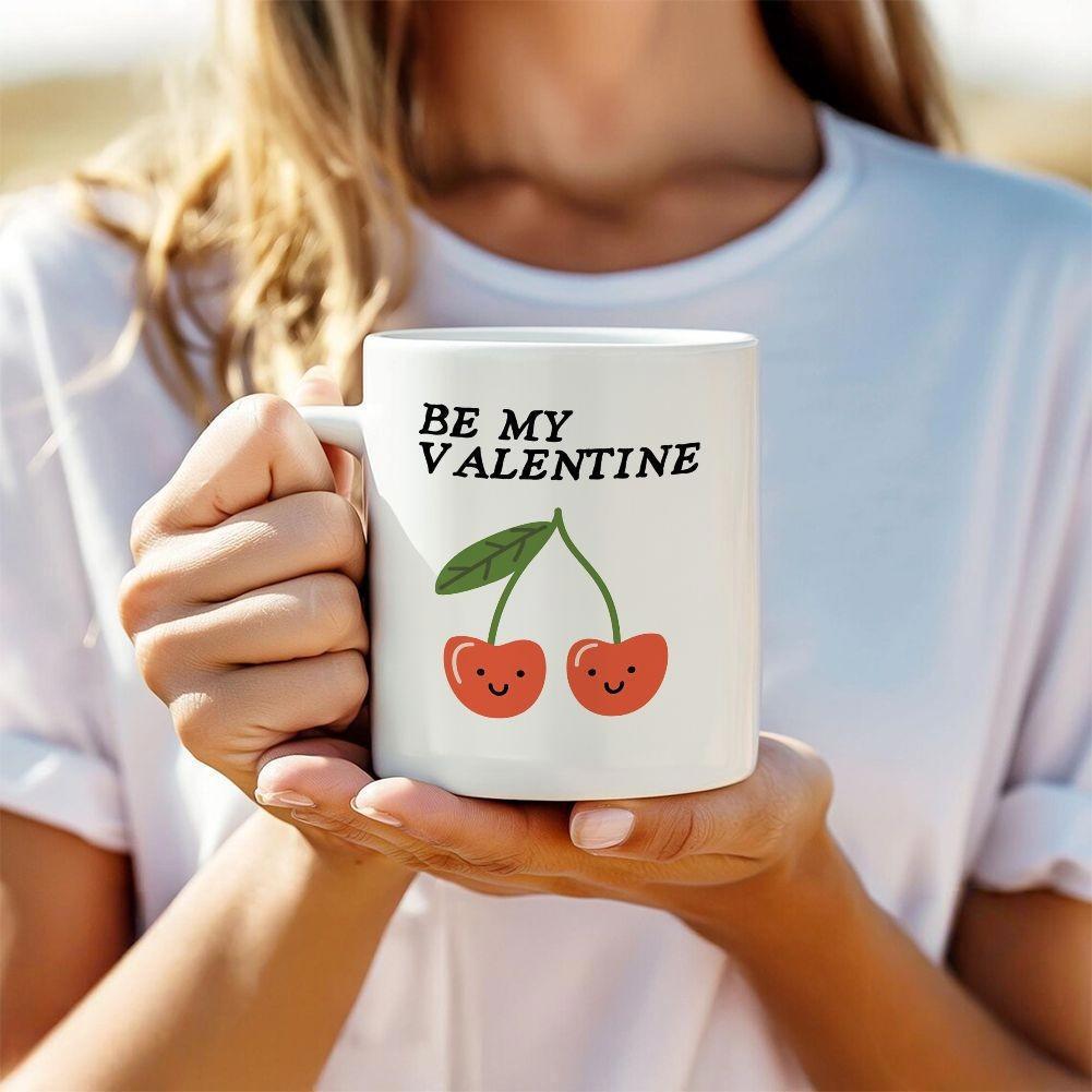 Tailorly White Ceramic 11 oz Mug - Be My Valentine Adorable Smiling Red Fruit Pair With Green Leaf On White Background Cherries
