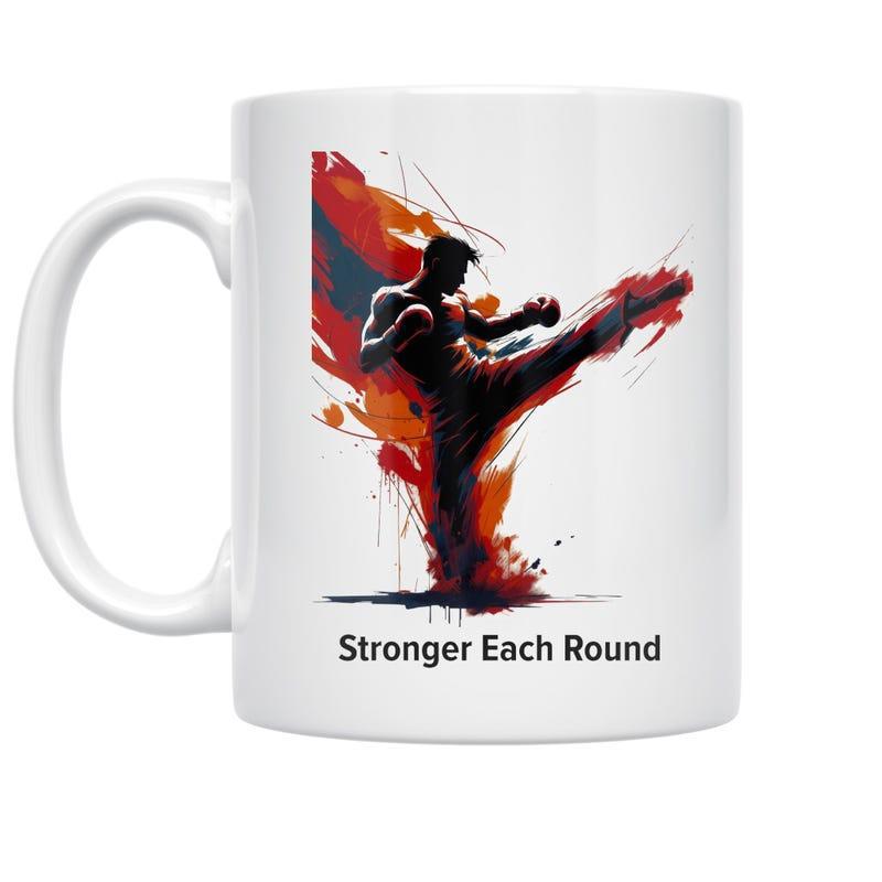 Tailorly White Ceramic 11 oz Mug - Stronger Each Round Dynamic Martial Artist Kicking Among Fiery Abstract Red Splashes Fighter