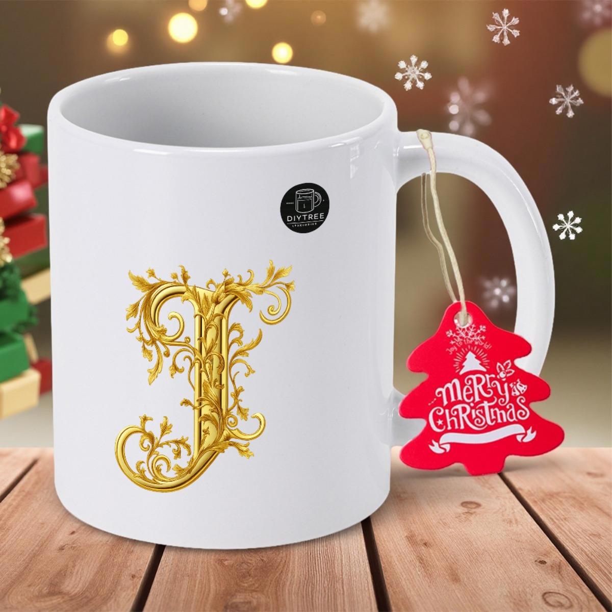 Tailorly White Ceramic 11 oz Mug - Merry Christmas Elegant Golden Floral Patterns Decorating A Stylized Baroque Capital Letter