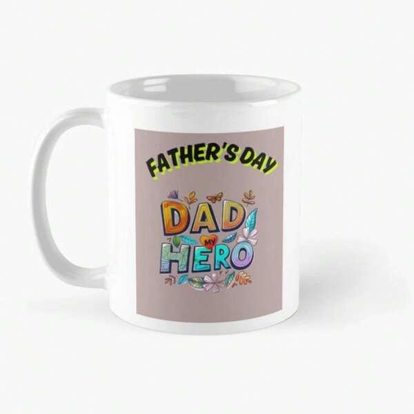 Tailorly White Ceramic 11 oz Mug - Father's Day Dad Hero Colorful Stylized Lettering Surrounded By Small Decorative Stars And Festive Icons Mug