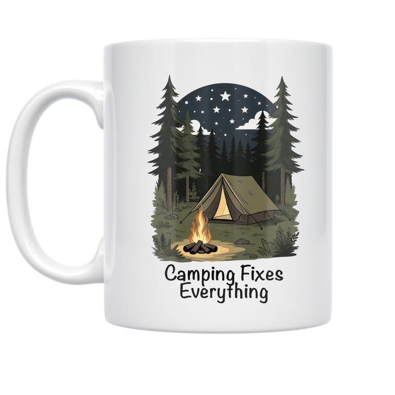 Tailorly White Ceramic 11 oz Mug - Camping Fixes Everything Quiet Night Forest With Glowing Campfire And Tent Under Starry Sky Landscape