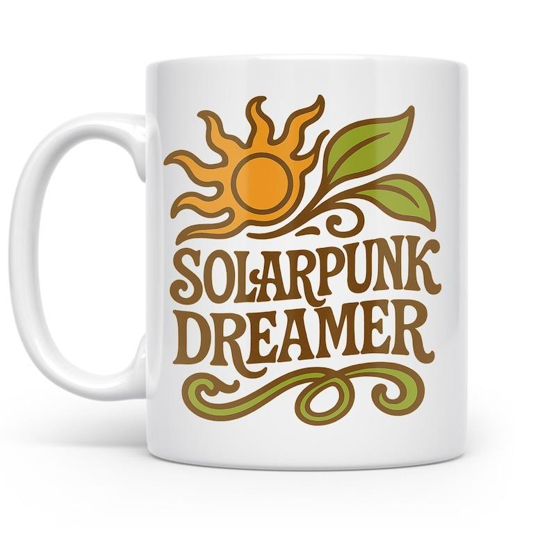 Tailorly White Ceramic 11 oz Mug - Solarpunk Dreamer Radiant Golden With Lush Green Leaves And Elegant Swirls Sun