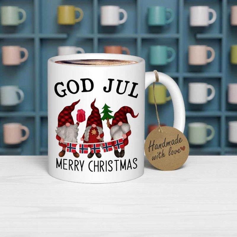 Tailorly White Ceramic 11 oz Mug - Merry Christmas Three Festive Figures Wearing Pointed Red Hats Holding Norwegian Bunting Flags Gnome