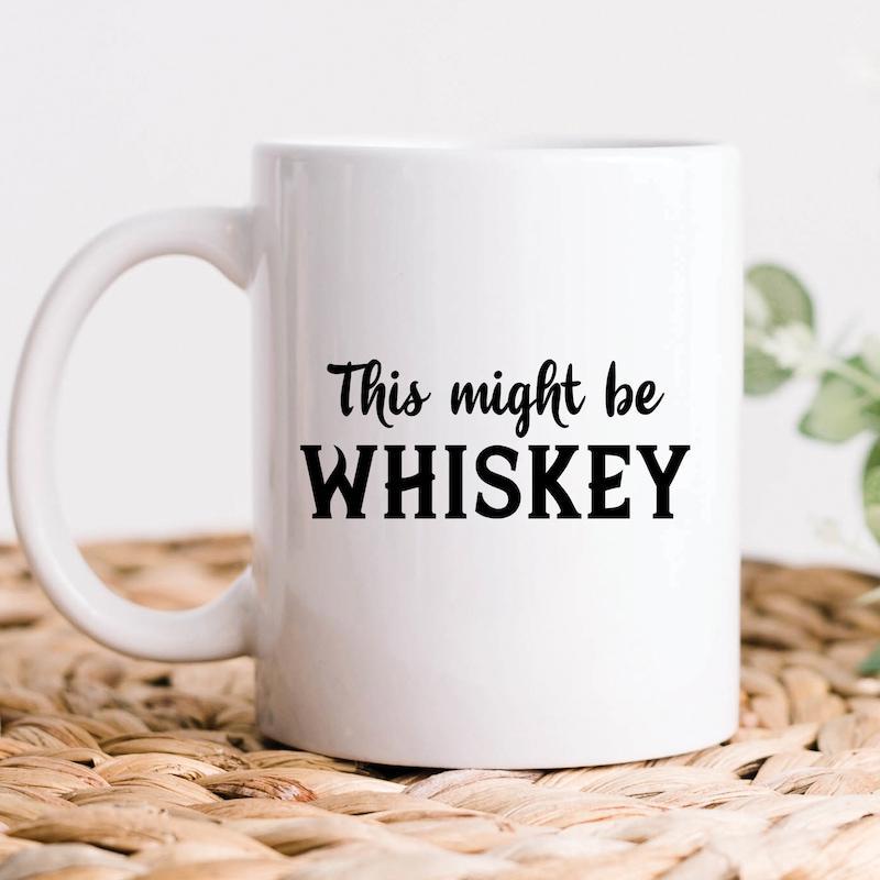 Tailorly White Ceramic 11 oz Mug - This Might Be Whiskey Minimalist Black Typography Styled On A Clean Polished White Surface Mug