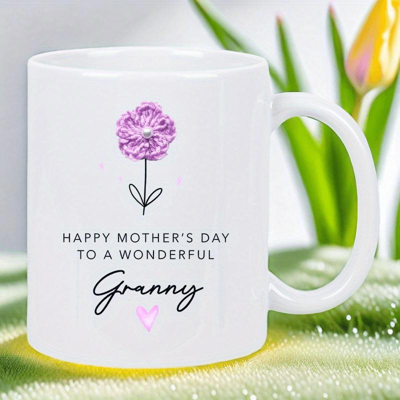Tailorly White Ceramic 11 oz Mug - Happy Mother's Day To A Wonderful Granny Delicate Purple Carnation With Minimalist Black Stem And Pink Heart Flower