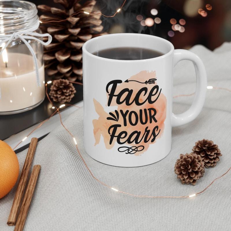 Tailorly White Ceramic 11 oz Mug - Face Your Fears Artistic Orange Watercolor Splash With Elegant Arrow And Swirl Decorative Mug