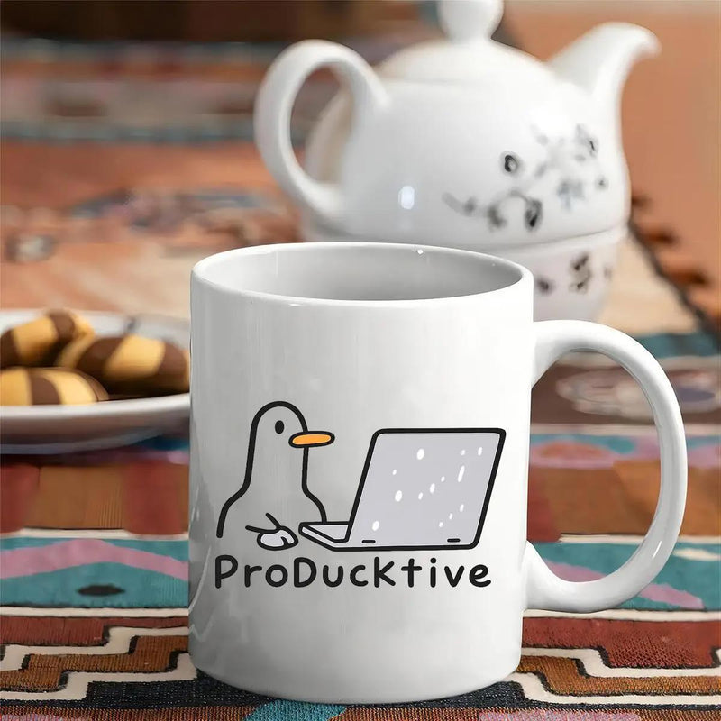 Tailorly White Ceramic 11 oz Mug - ProDucktive Minimalist Cartoon Line Art Style Featuring A Cute Bird Typing On Laptop Duck