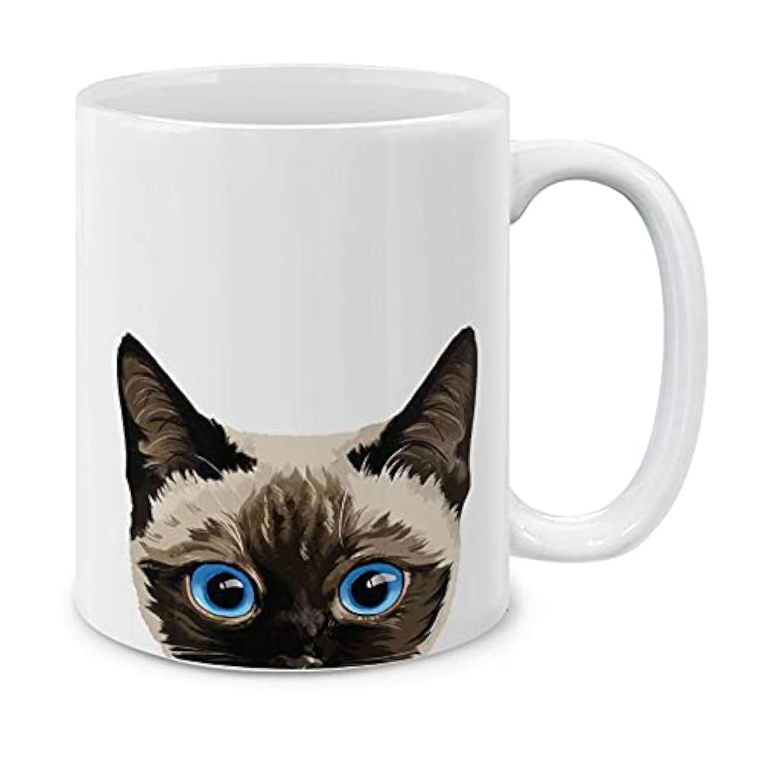 Tailorly White Ceramic 11 oz Mug - Hand Drawn Siamese Feline Peeking With Bright Blue Eyes Cat