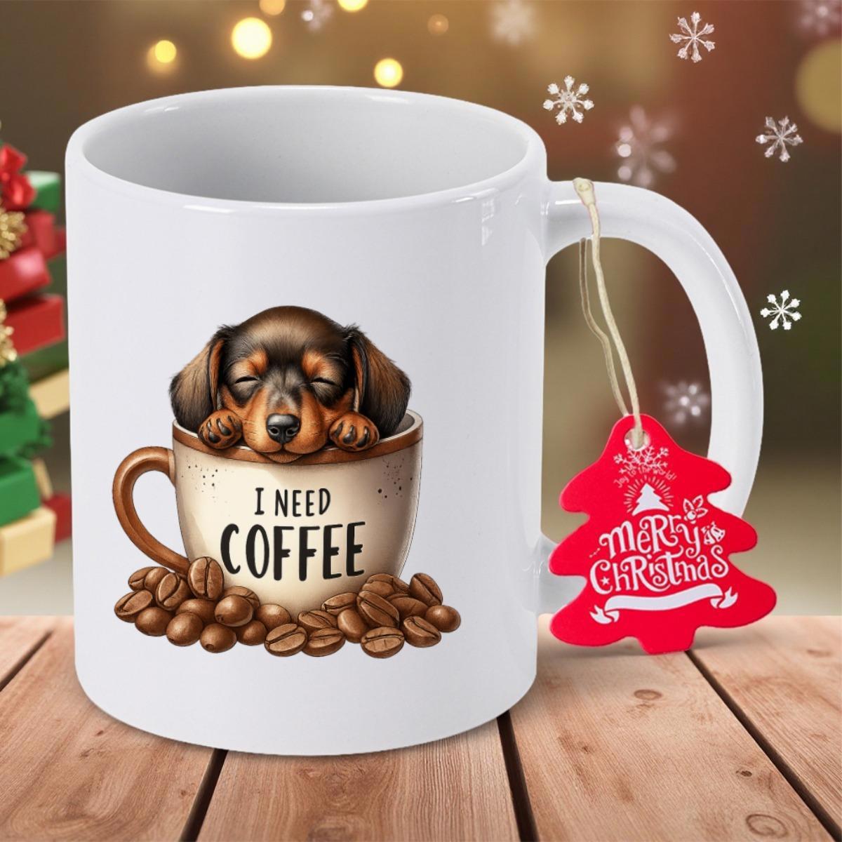 Tailorly White Ceramic 11 oz Mug - I Need Coffee Adorable Small Puppy Resting Inside Ceramic Cup With Roasted Brown Coffee Beans Dachshund