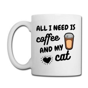 Tailorly White Ceramic 11 oz Mug - All I Need Is Coffee And My Cat Radiating Black Heart Icon Beside A Small Cartoon Takeaway Drink Mug