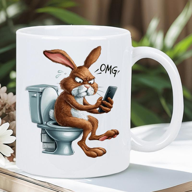 Tailorly White Ceramic 11 oz Mug - OMG Funny Brown Bunny Sitting On A Ceramic Toilet Using Smartphone Rabbit