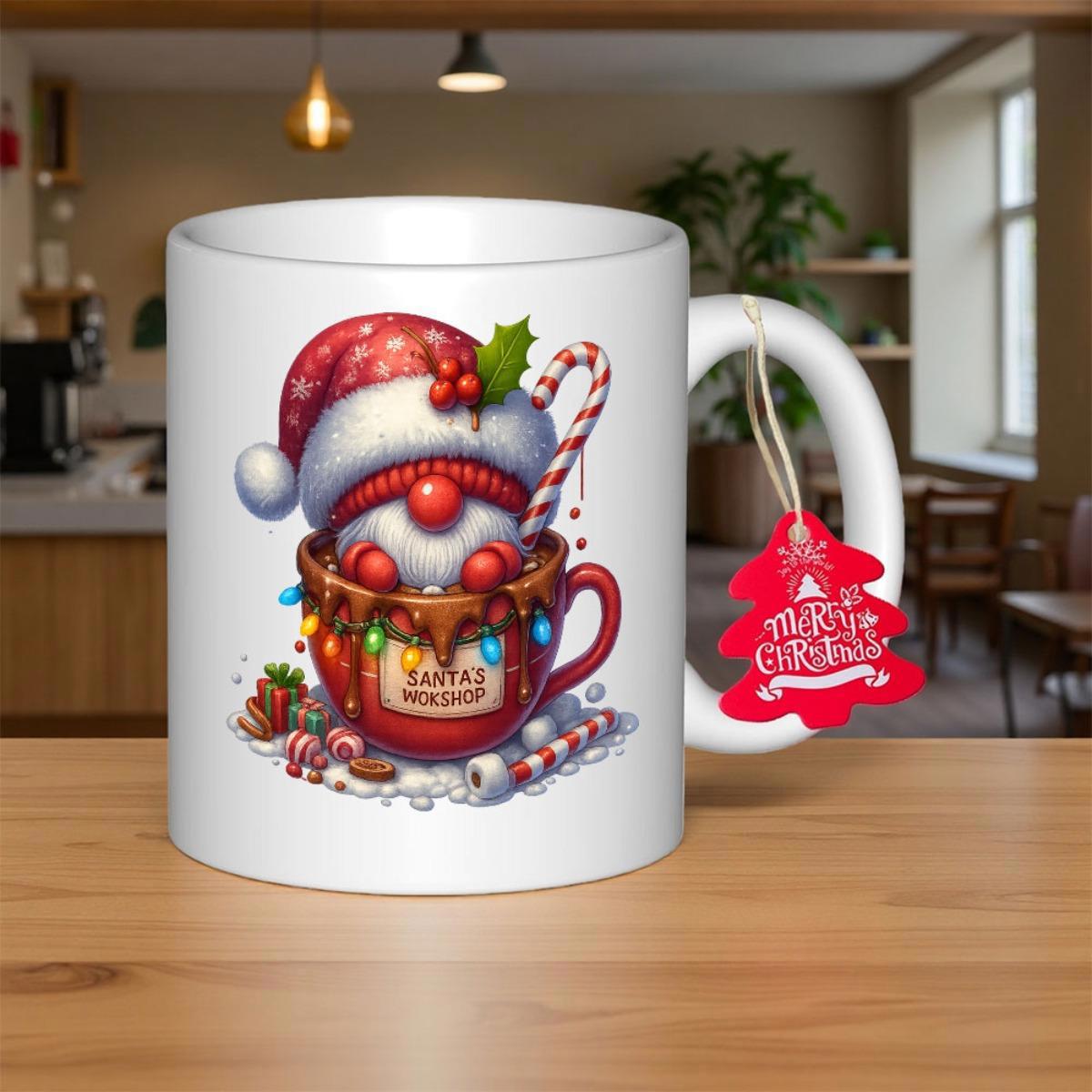 Tailorly White Ceramic 11 oz Mug - Merry Christmas Festive Holiday Character Nestled Inside Warm Cocoa Cup With Candy Cane Gnome