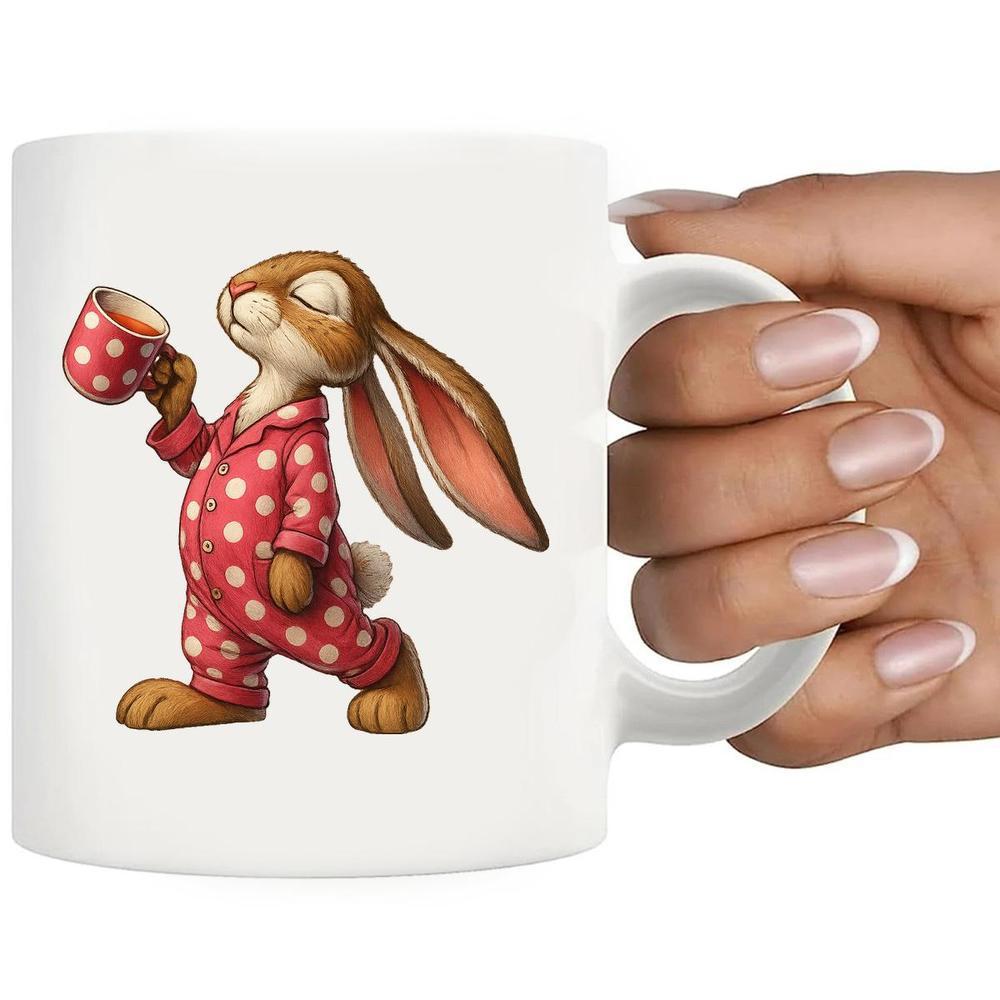 Tailorly White Ceramic 11 oz Mug - Sleepy Brown Bunny Wearing Red Polka Dot Pajamas Holding Small Coffee Cup Rabbit