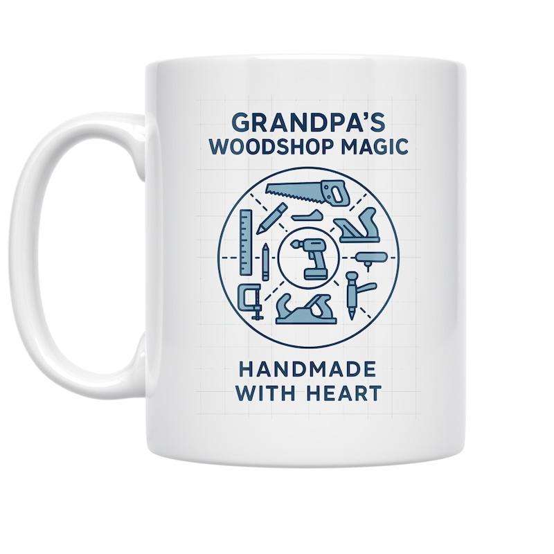 Tailorly White Ceramic 11 oz Mug - Grandpas Woodshop Magic Handmade With Heart Circular Arrangement Of Various Blue Traditional Woodworking Hand Tools Workshop