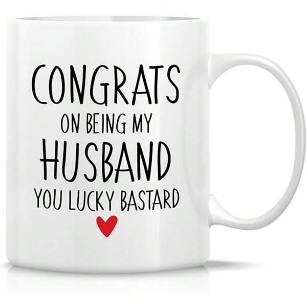 Tailorly White Ceramic 11 oz Mug - Congrats On Being My Husband You Lucky Bastard Simple Minimalist Hand Lettered Text Featuring A Vibrant Tiny Red Symbol Heart