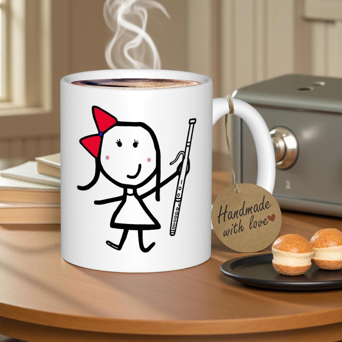 Tailorly White Ceramic 11 oz Mug - Handmade With Love Simple Minimalist Stick Figure Drawing Of A Little Musical Artist Girl