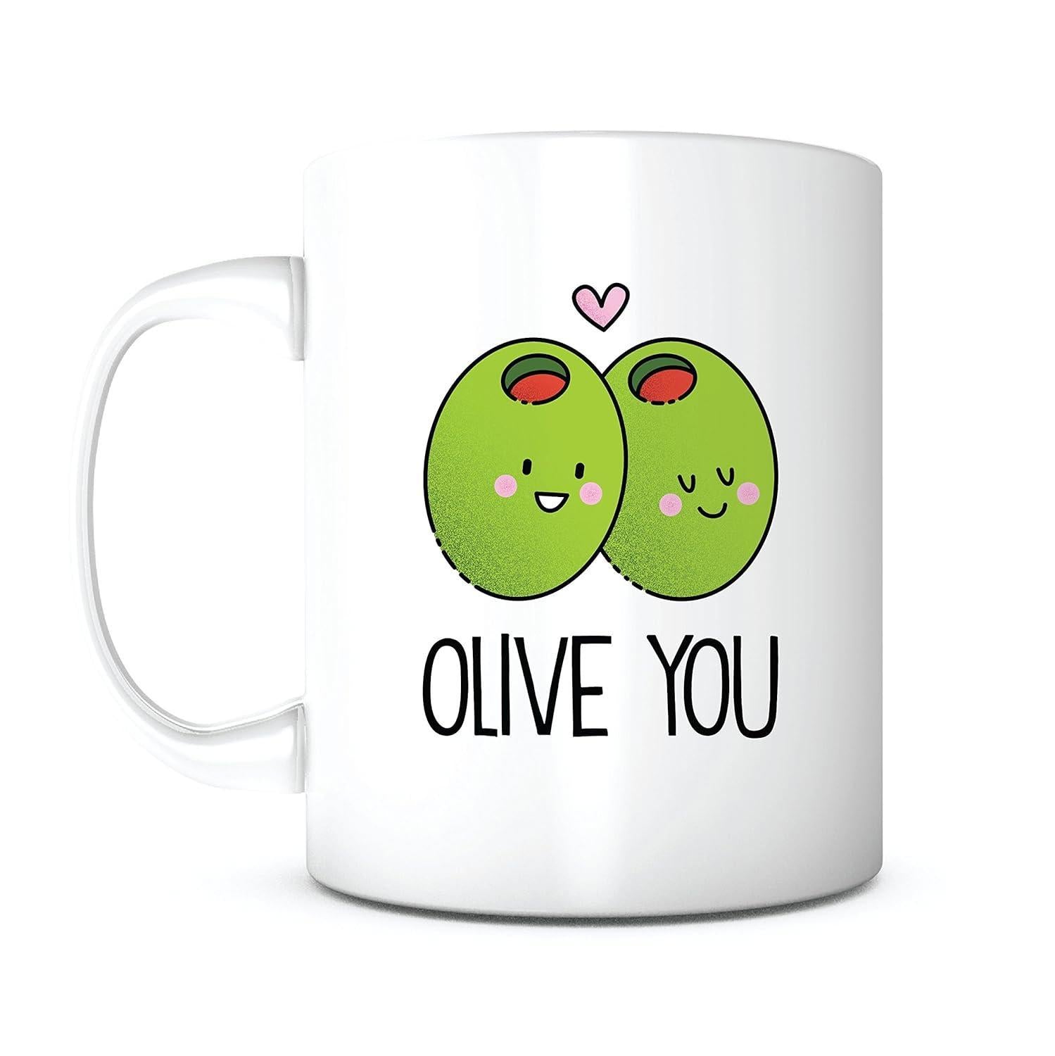 Tailorly White Ceramic 11 oz Mug - Olive You Two Smiling Green Cartoon Characters With A Tiny Pink Heart Olive