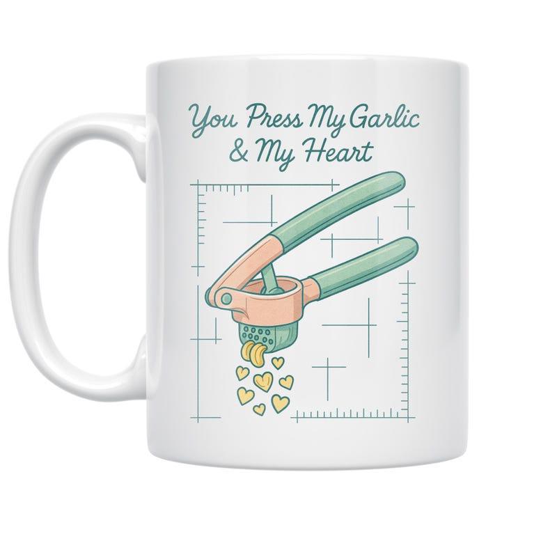 Tailorly White Ceramic 11 oz Mug - You Press My Garlic My Heart Vintage Illustration Kitchen Tool Squeezing Out Many Small Golden Hearts Garlic Press