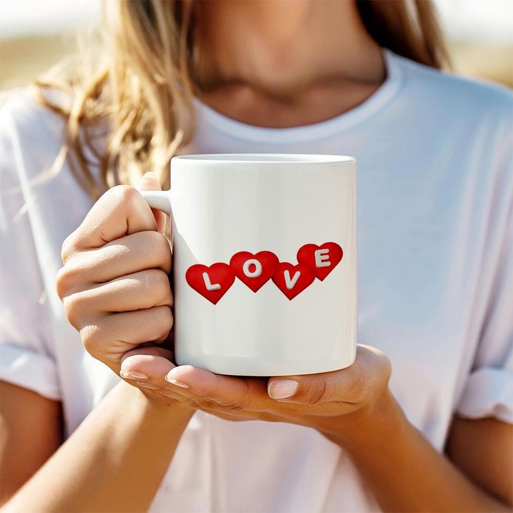 Tailorly White Ceramic 11 oz Mug - Love Four Minimalist Red Hearts Featuring Bold White Letters Mug