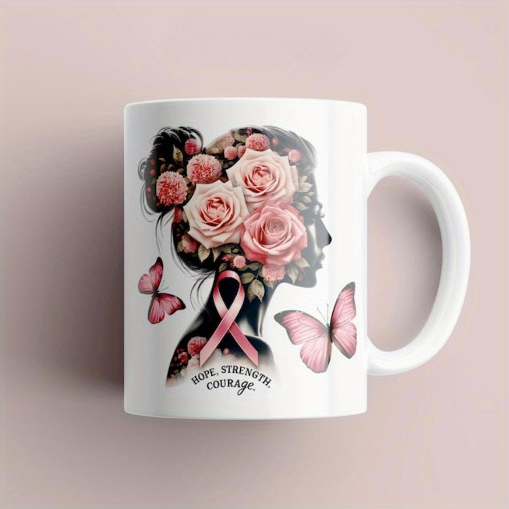 Tailorly White Ceramic 11 oz Mug - Hope Strength Courage Elegant Floral Design With Butterflies Flying Around A Woman Silhouette