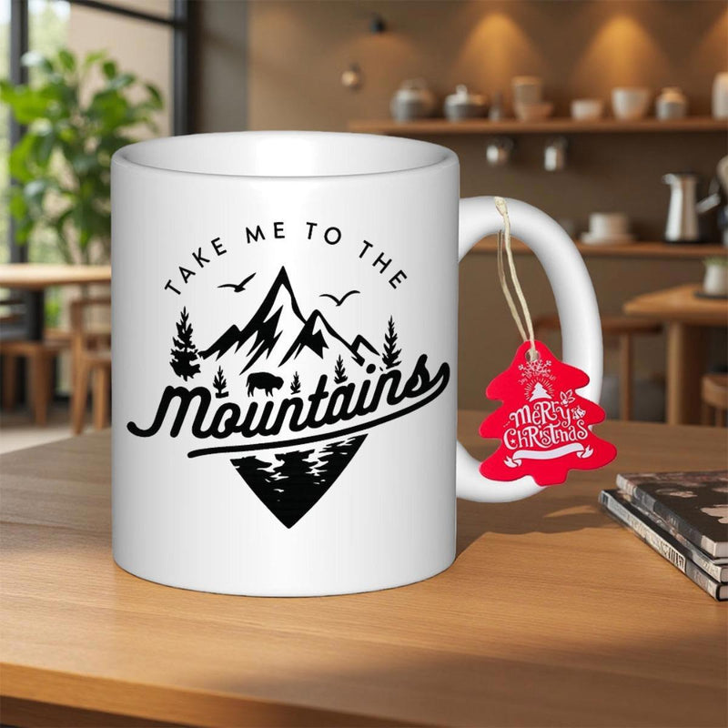Tailorly White Ceramic 11 oz Mug - Take Me To The Mountains Majestic Peaks With Soaring Birds And Pine Trees Forest Mountain