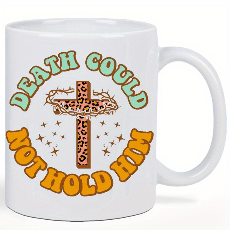 Tailorly White Ceramic 11 oz Mug - Death Could Not Hold Him Ornate Leopard Print Cross Wrapped In Thorns Among Tiny Twinkling Stars Cross