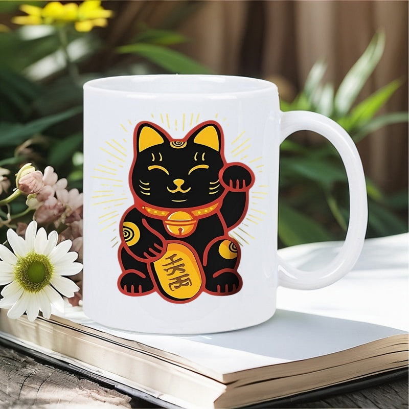 Tailorly White Ceramic 11 oz Mug - Traditional Japanese Lucky Cat With Golden Bell And Ancient Gold Coin Cat