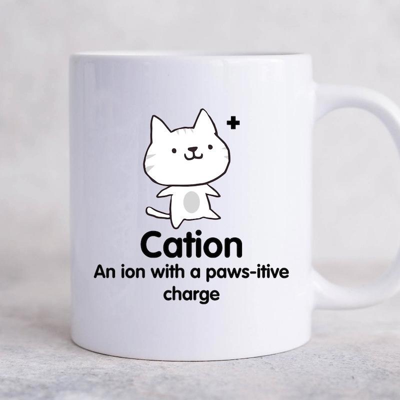 Tailorly White Ceramic 11 oz Mug - Cation An Ion With A Paws Itive Charge Minimalist Hand Drawn Linear Sketch Of A Cute Standing Cartoon Feline Cat
