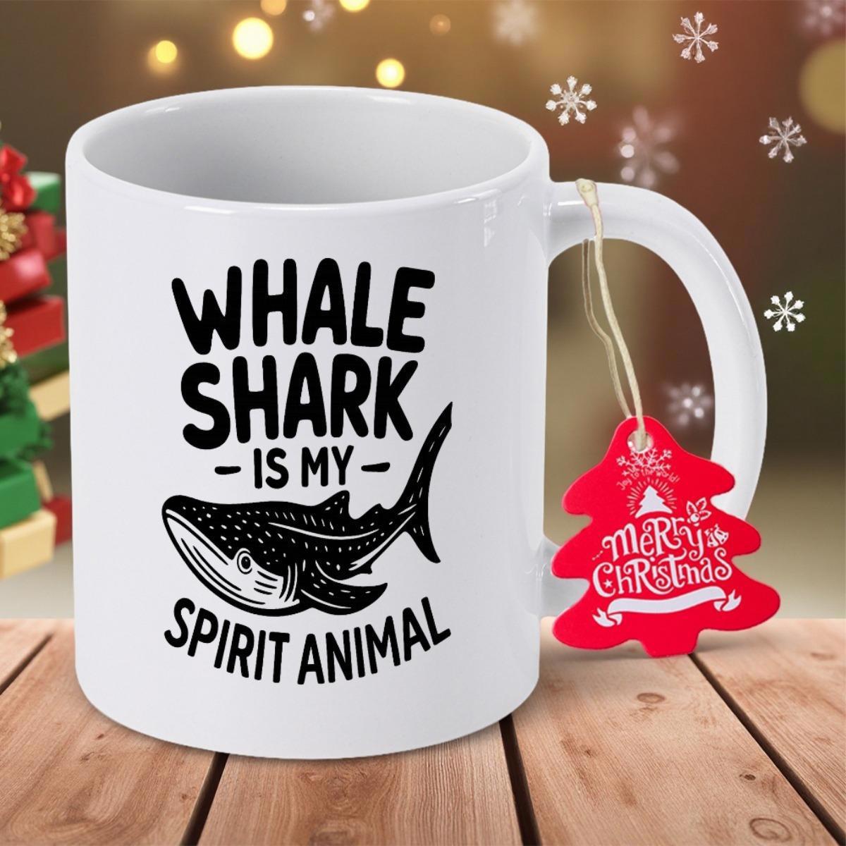 Tailorly White Ceramic 11 oz Mug - Whale Shark Is My Spirit Animal Stylized Dotted Sea Creature Swimming Gracefully In Minimalist Black Ink Whale Shark