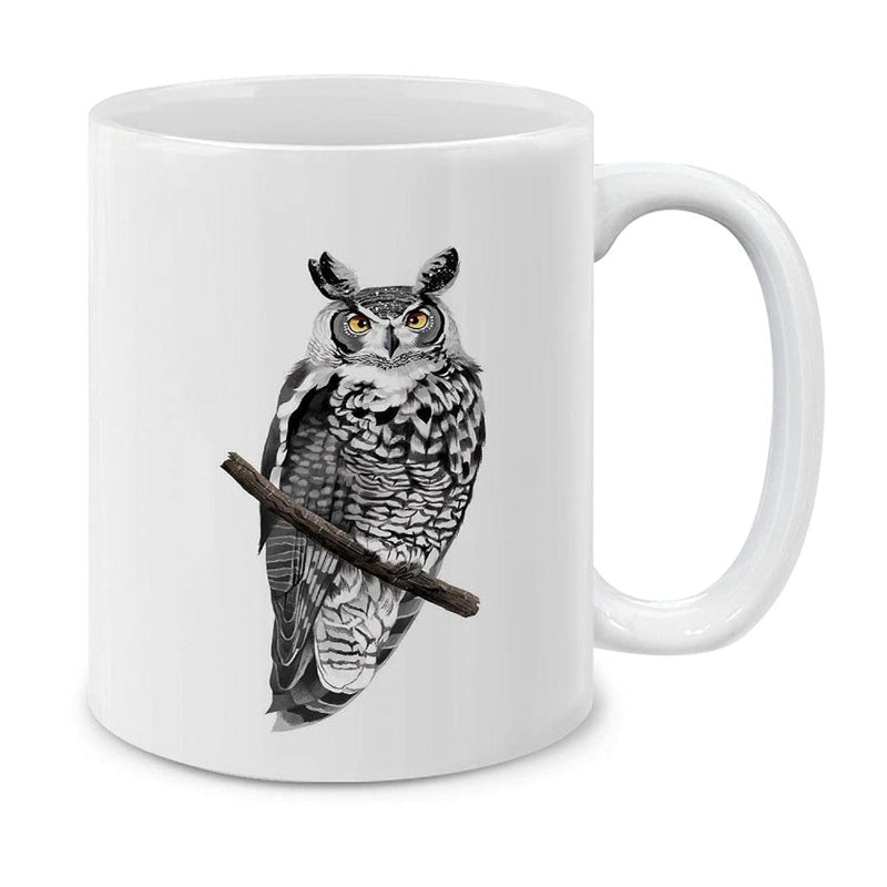 Tailorly White Ceramic 11 oz Mug - Detailed Realistic Black And White Sketch Perched On A Sturdy Branch Owl