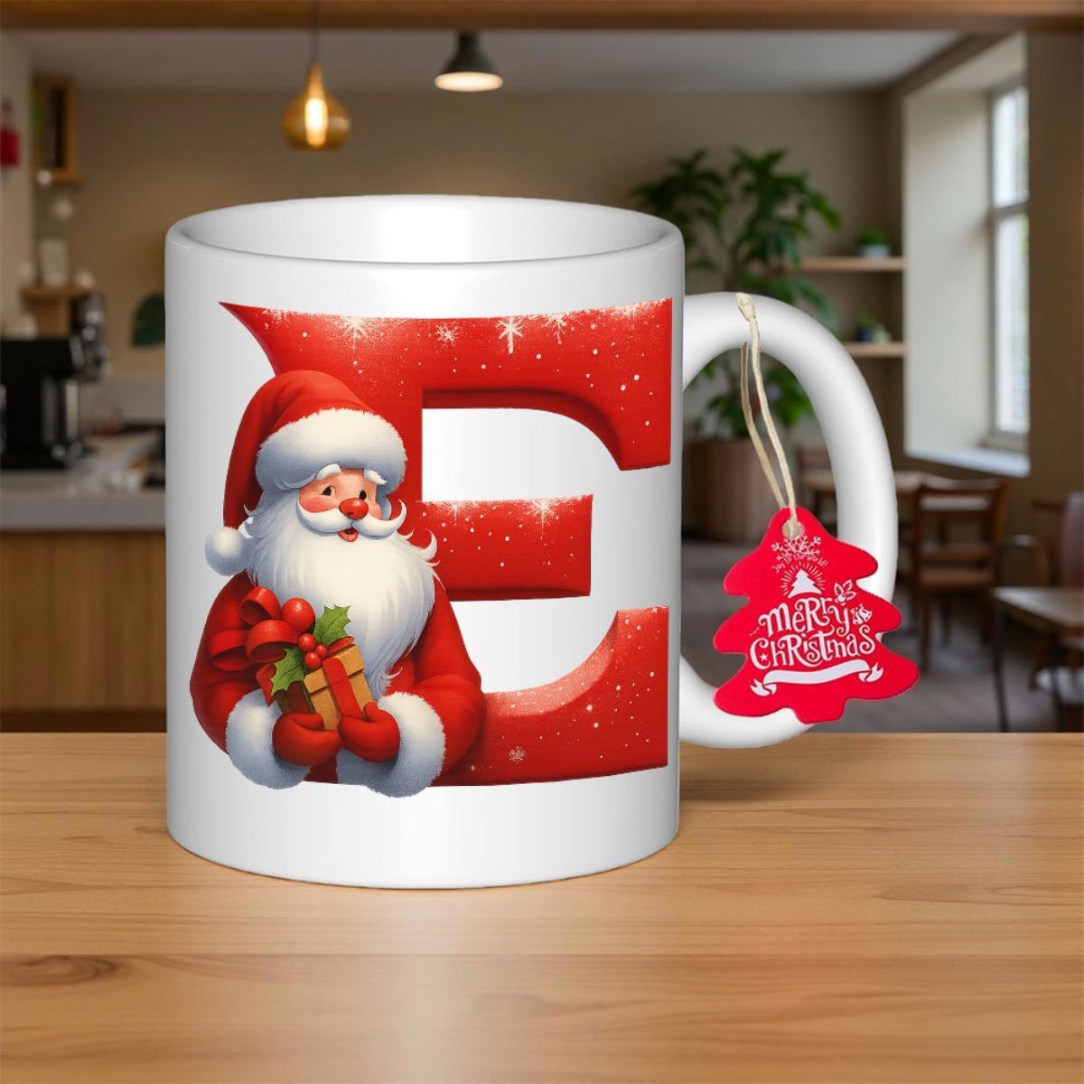 Tailorly White Ceramic 11 oz Mug - E Merry Christmas Festive Red Letter With Jolly Santa Claus Holding Gifts Santa