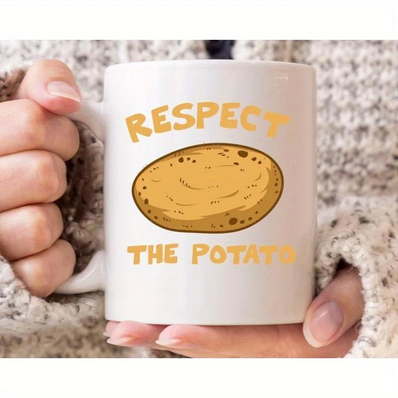 Tailorly White Ceramic 11 oz Mug - Respect The Potato Simple Hand Drawn Cartoon Vegetable With Textured Brown Skin Potato