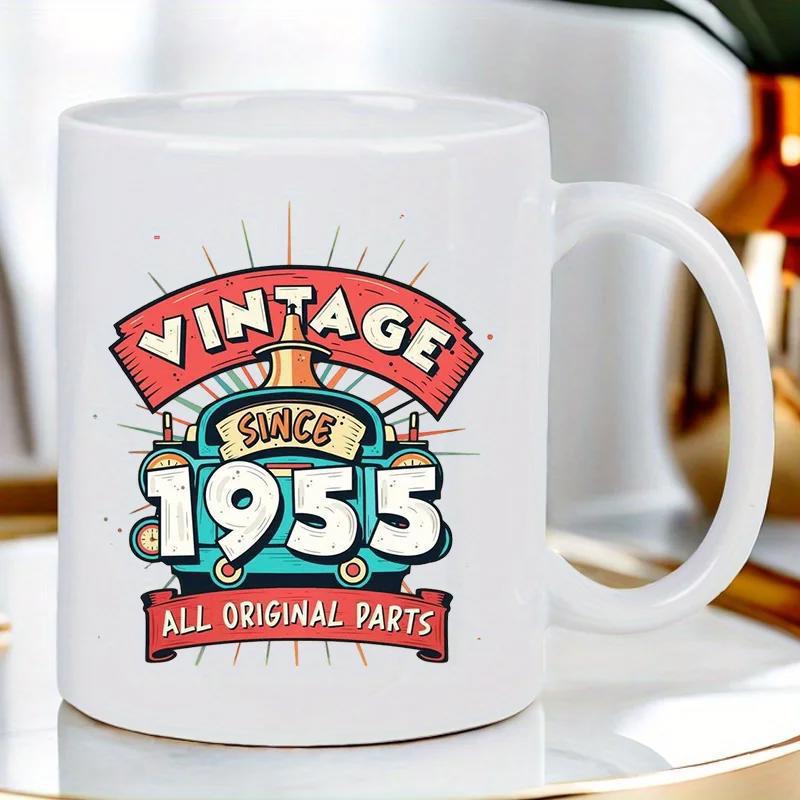 Tailorly White Ceramic 11 oz Mug - Vintage Since 1955 All Original Parts Retro Style Classic Teal Frontal View With Radiant Sunburst Lines Car