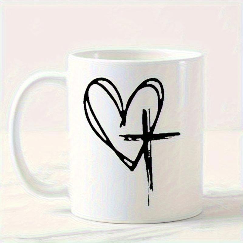 Tailorly White Ceramic 11 oz Mug - Artistic Hand Drawn Heart With Distressed Minimalist Religious Symbol Cross