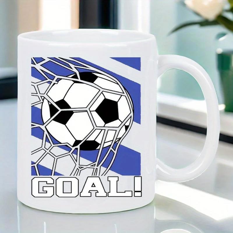 Tailorly White Ceramic 11 oz Mug - Goal Soccer Ball Hitting The Net Among Blue Diagonal Vibrant Stripes Soccer Ball