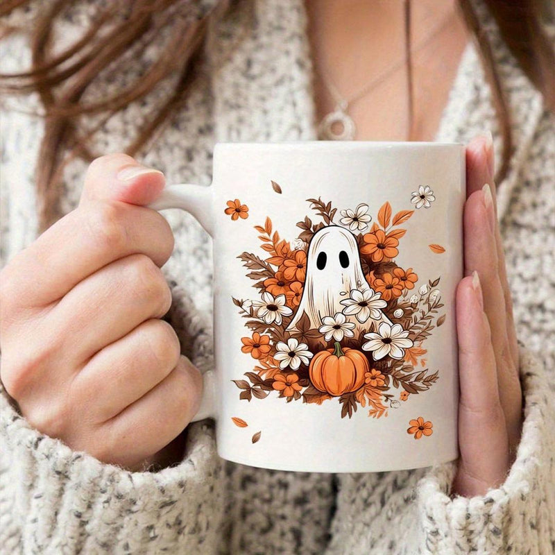 Tailorly White Ceramic 11 oz Mug - Adorable Halloween Spirit Among Autumn Floral Blooms And Small Harvest Pumpkin Ghost