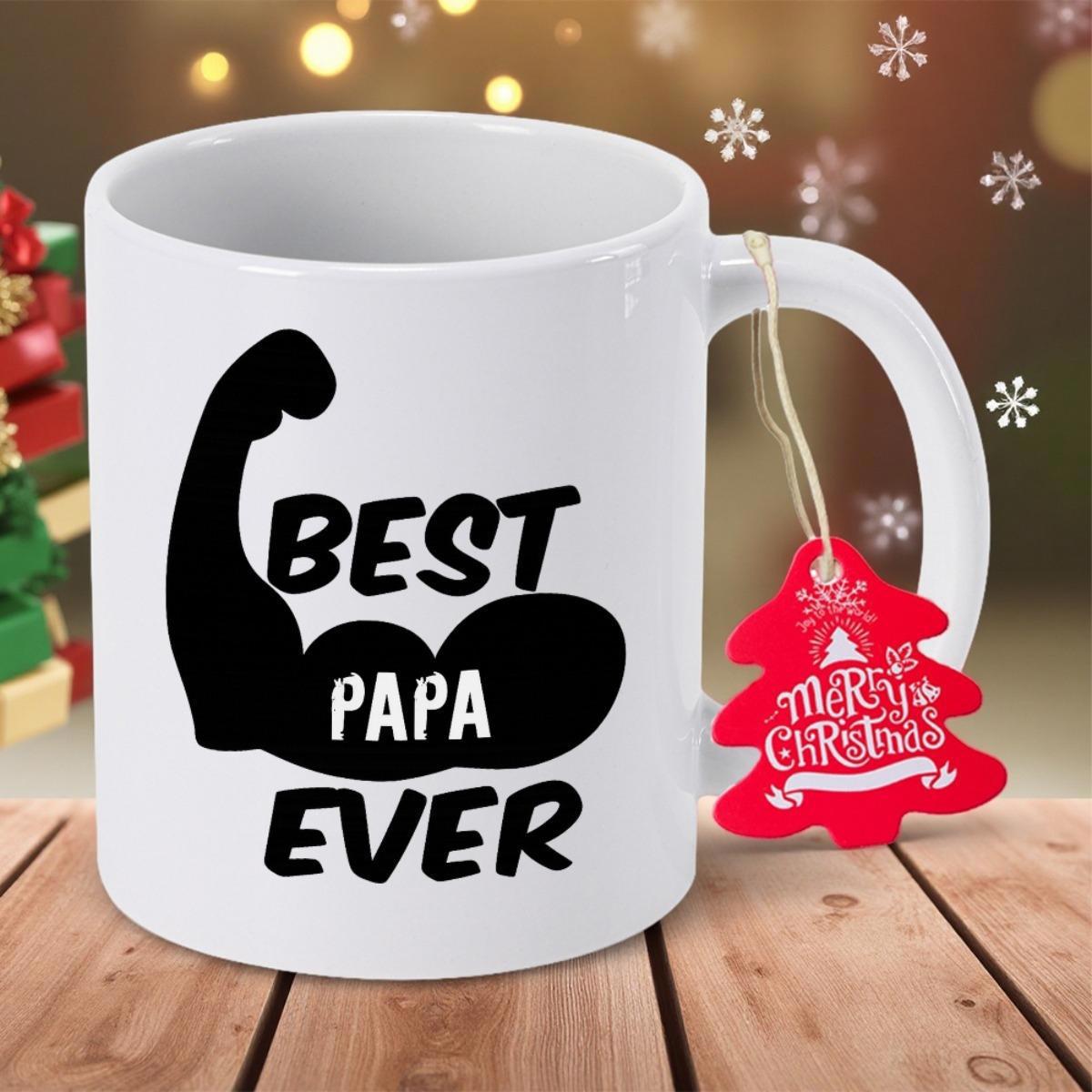 Tailorly White Ceramic 11 oz Mug - Best Papa Ever Strong Muscular Arm Flexing With Bold Black Silhouette Design Arm