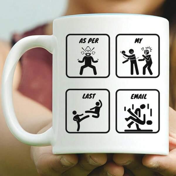 Tailorly White Ceramic 11 oz Mug - As Per My Last Email Action Poses Stick Figures Divided Into Four Panels Illustration