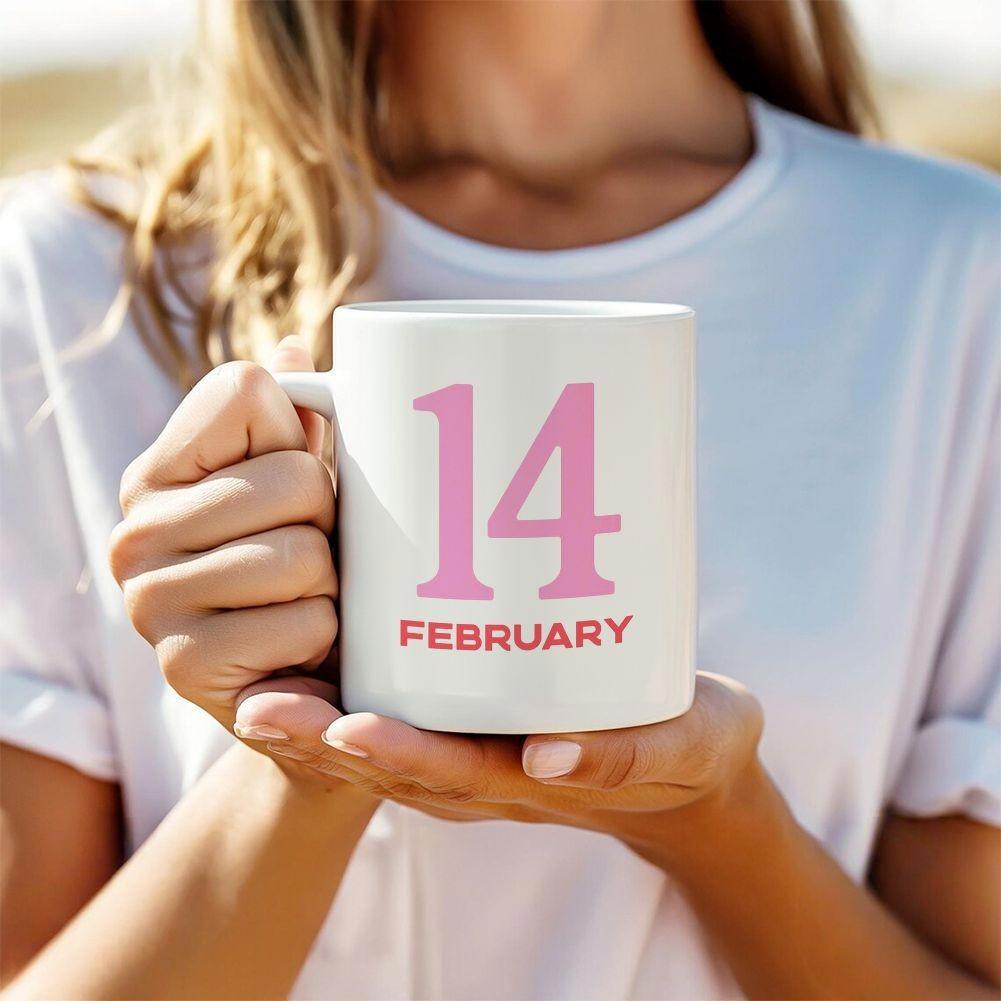 Tailorly White Ceramic 11 oz Mug - February Minimalist Pink Serif Typography With Bold Numbers For Calendar Design Mug