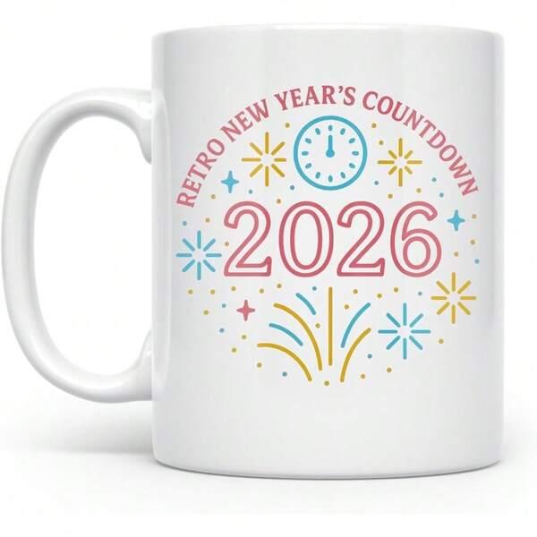 Tailorly White Ceramic 11 oz Mug - Retro New Year's Countdown 2026 Vibrant Fireworks And Clock Icons Celebrating Festive Holiday Spirit Mug
