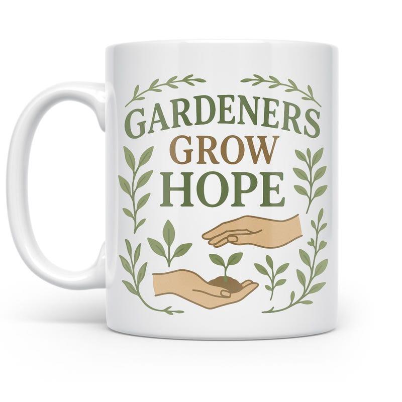 Tailorly White Ceramic 11 oz Mug - Gardeners Grow Hope Hands Cradling A Small Sprout Surrounded By Delicate Green Leafy Vines Seedling