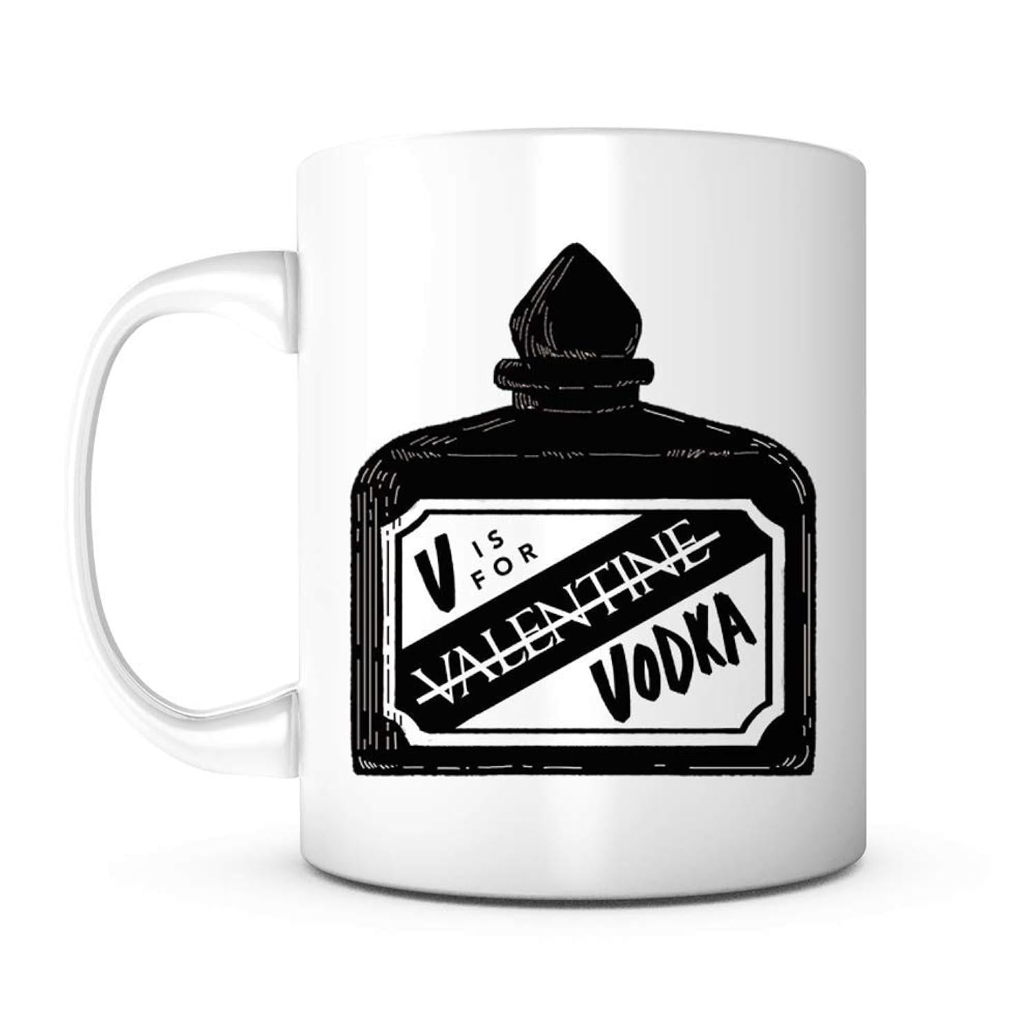 Tailorly White Ceramic 11 oz Mug - V Is For Valentine Vodka Hand Drawn Vintage Style Apothecary Jar With Minimalist Artistic Label Bottle