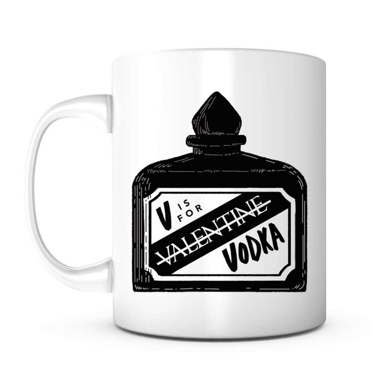 Tailorly White Ceramic 11 oz Mug - V Is For Valentine Vodka Hand Drawn Vintage Style Apothecary Jar With Minimalist Artistic Label Bottle