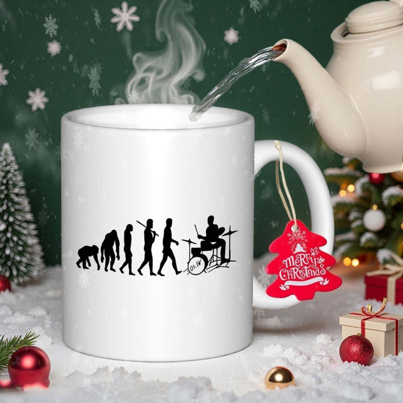 Tailorly White Ceramic 11 oz Mug - Evolutionary Human Silhouette March Progressing Toward A Skilled Professional Drummer