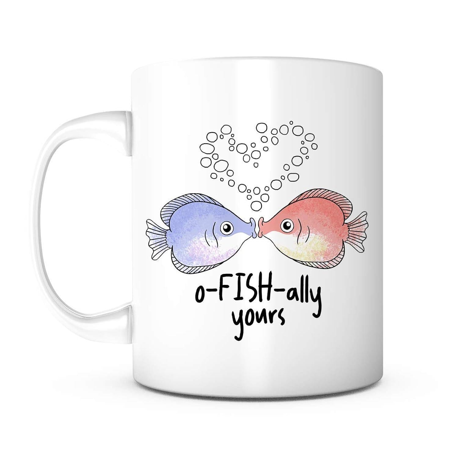 Tailorly White Ceramic 11 oz Mug - Ofishally Yours Two Colorful Watercolor Kissing Fish Under Heart Shaped Bubbles Fish