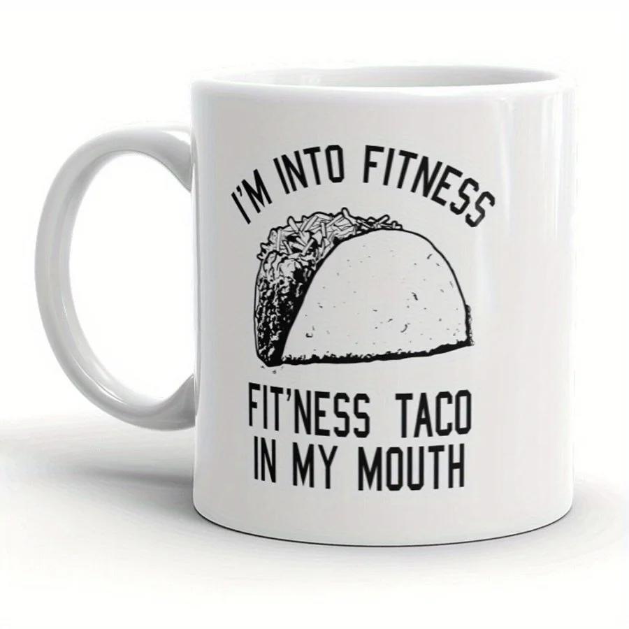 Tailorly White Ceramic 11 oz Mug - Im Into Fitness Fitness Taco In My Mouth Hand Drawn Black And White Taco Illustration With Textured Fillings Inside Taco
